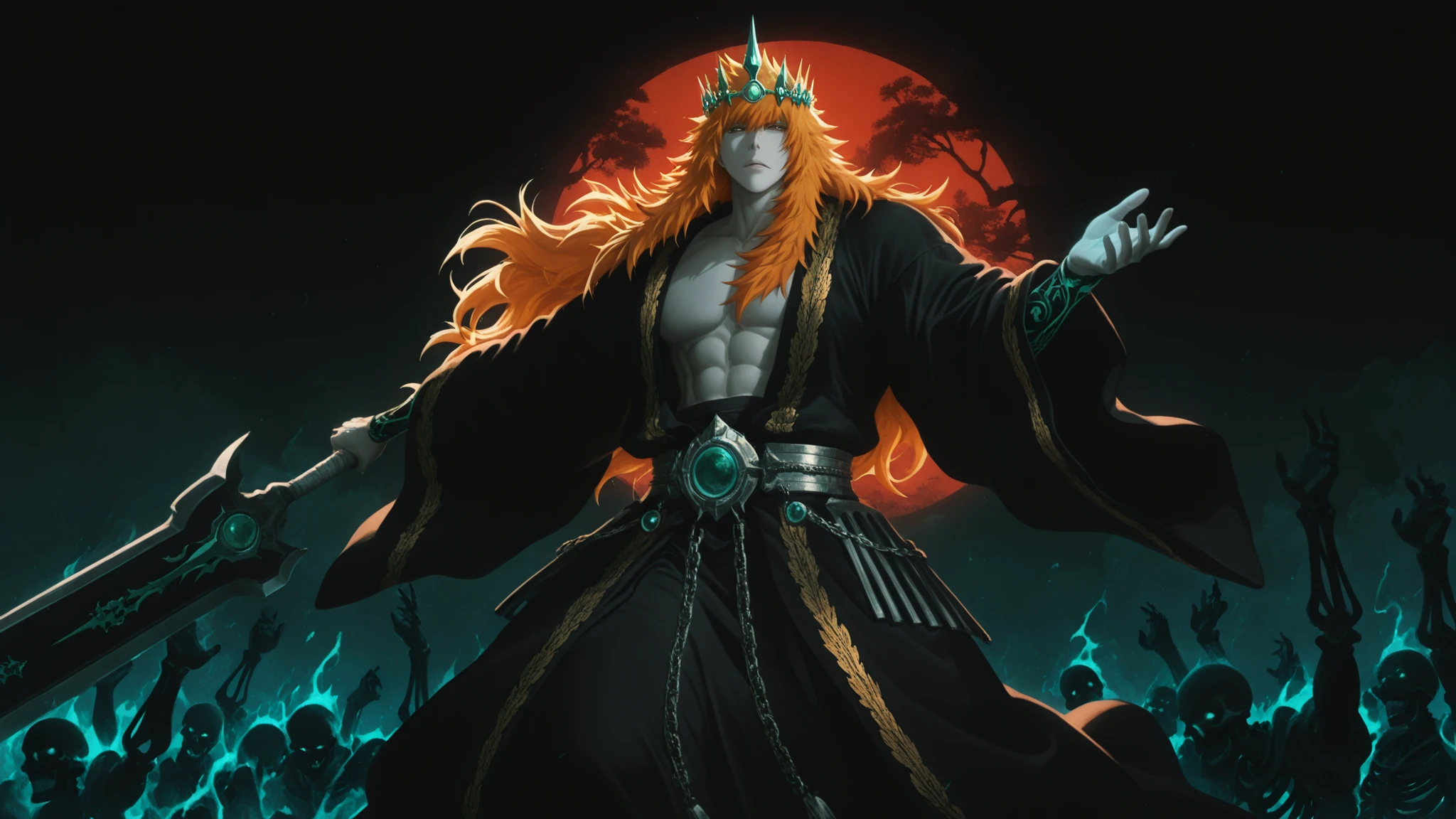flat color, WaifuDiffusionStyle, neutral background, white splash stylized outline background, 1boy, kurosaki_ichigo, long_orange_hair, flowing_hair, intense_gaze, pale_skin, ornate_gold_crown, jade_tiara, toned_abs, open_robe, black_robe, gold_embroidery, white_inner_robes, broad_shoulders, regal_stance, outstretched_hand, swirling_red_mist, ghostly_hands, skeletal_spirits, necromancer_aura, dark_fantasy, chinese_calligraphy, moonlit_fog, dramatic_backlighting, ink_wash_background, lavish_gold_details, tattered_sleeves, emperor_of_the_dead, stylized_art, holding huge Cleaver sword, warm_soft_lighting, mature_sensual_atmosphere