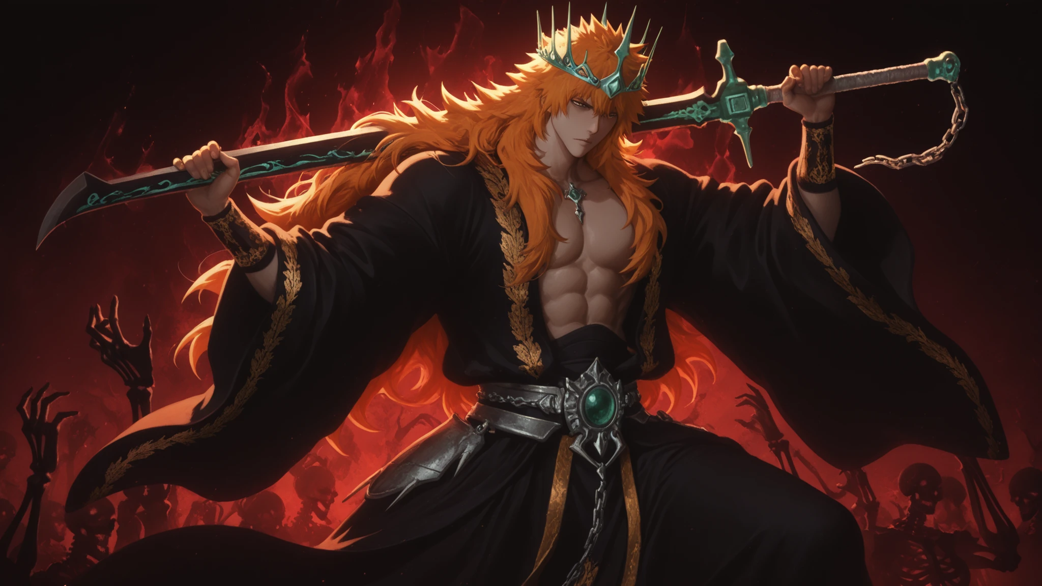 flat color, WaifuDiffusionStyle, neutral background, white splash stylized outline background, 1boy, kurosaki_ichigo, long_orange_hair, flowing_hair, intense_gaze, pale_skin, ornate_gold_crown, jade_tiara, toned_abs, open_robe, black_robe, gold_embroidery, white_inner_robes, broad_shoulders, regal_stance, outstretched_hand, swirling_red_mist, ghostly_hands, skeletal_spirits, necromancer_aura, dark_fantasy, chinese_calligraphy, moonlit_fog, dramatic_backlighting, ink_wash_background, lavish_gold_details, tattered_sleeves, emperor_of_the_dead, stylized_art, holding huge Cleaver sword, warm_soft_lighting, mature_sensual_atmosphere