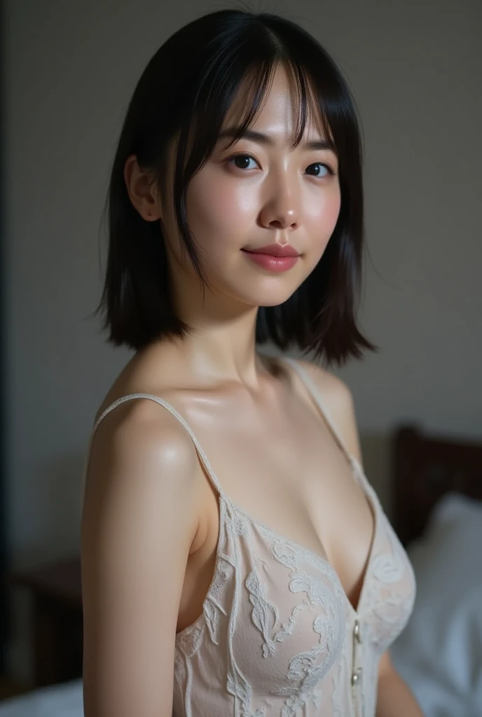The face of a young, beautiful, naked Japanese woman standing by the window on a rainy day, leaning against the window and looking at us. Focal length 100mf/2.8, spring morning, rainy weather outside, living room on the upper floor of a high-rise apartment, well-shaped face, wet hair, wet skin, naked body, toned body, close-up of facial expression, sense of presence, highest quality .