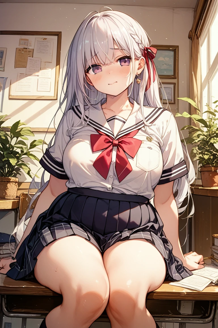 masterpiece, Best quality, high resolution,
Beautiful young girl, curly white hair, red eyes wearing Blue skirt and school sweater