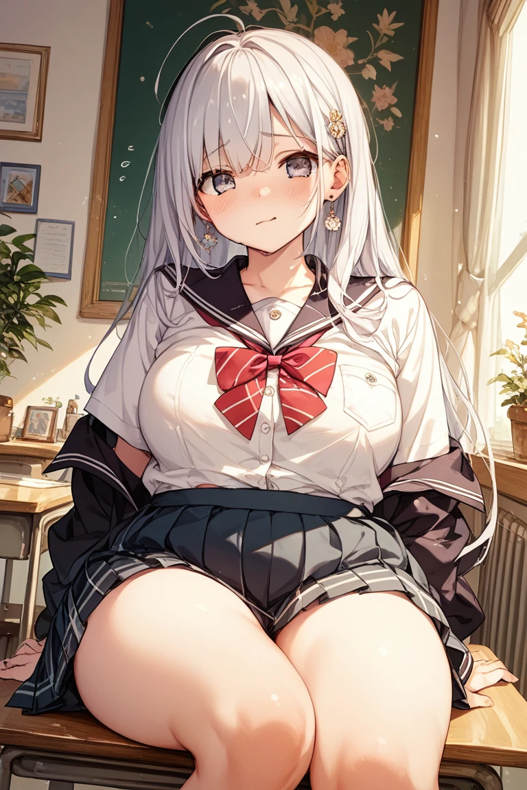 Erotic Anime Illustration、Highest image quality、A plump dark-skinned female high school girl who flatters men.、Rin Tohsaka、sailor suit、dimly lit classroom、perfect proportions、Beautiful sparkling eyes、Overwhelmingly big breasts beyond the norm、cowboy shot、big areola、blush and smile、sweating、Exposing Vagina、spread legs、vaginal