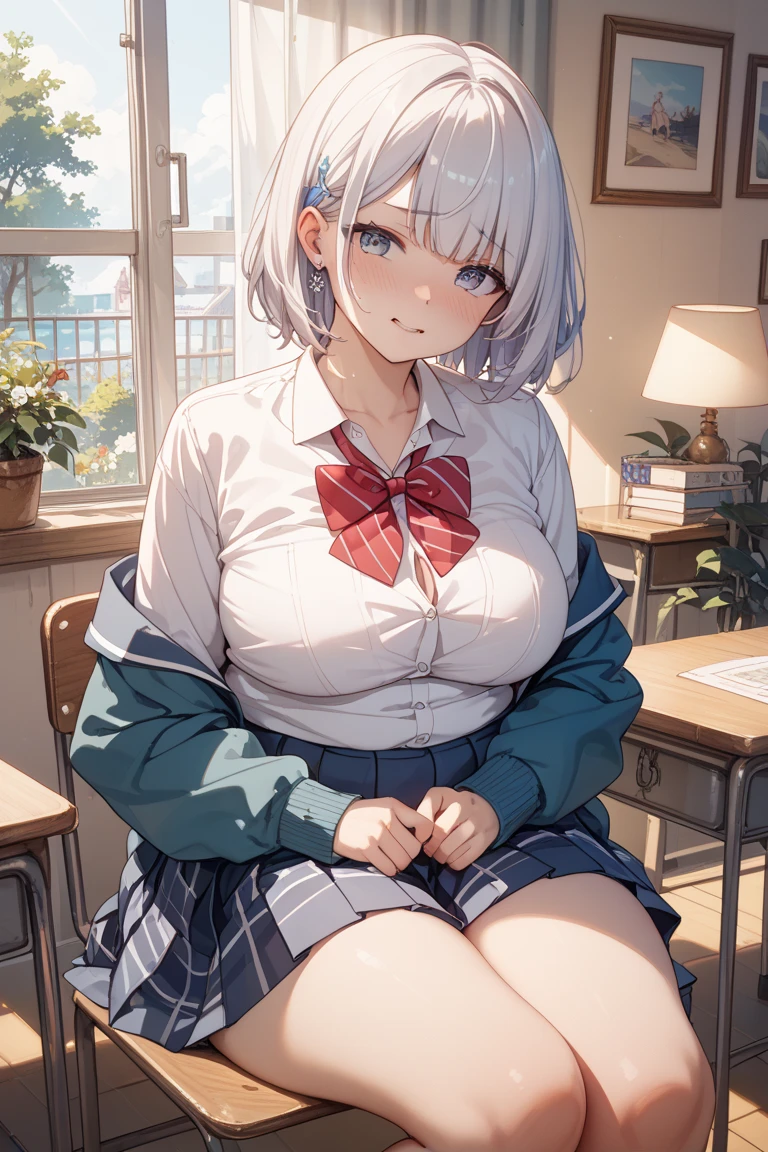 1girl,solo,short hair,wave hair,hair over eyes,huge breasts, Whipped thighs,in doors,classroom,high school,sitting in seat,high school costume,masterpiece