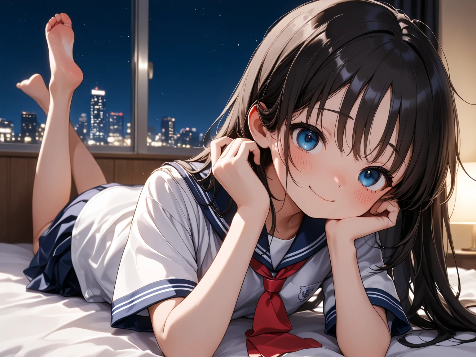 Highest quality(8k)masterpiece、Time is midnight(2.0)Lying on a bed by the window, holding a cute calico cat(2.0)、Clothing is high school uniform(1.8)The night view can be seen from the window(1.8)、A room in a high-rise apartment with very large windows(1.8)It's dim in the room.(1.8)、猫はSuper detailed、Fluffy, with each individual hair visible(2.0)、One girl、Very cute、Best Style、Hairstyle(long(1.8))The room is a high school girl's room(1.8)、There are no curtains、17age、Firm and refreshing々Fresh skin。Plump legs、eye(Super detailed 1.8)Wearing makeup(2.0)、The cat's face does not collapse(1.8)