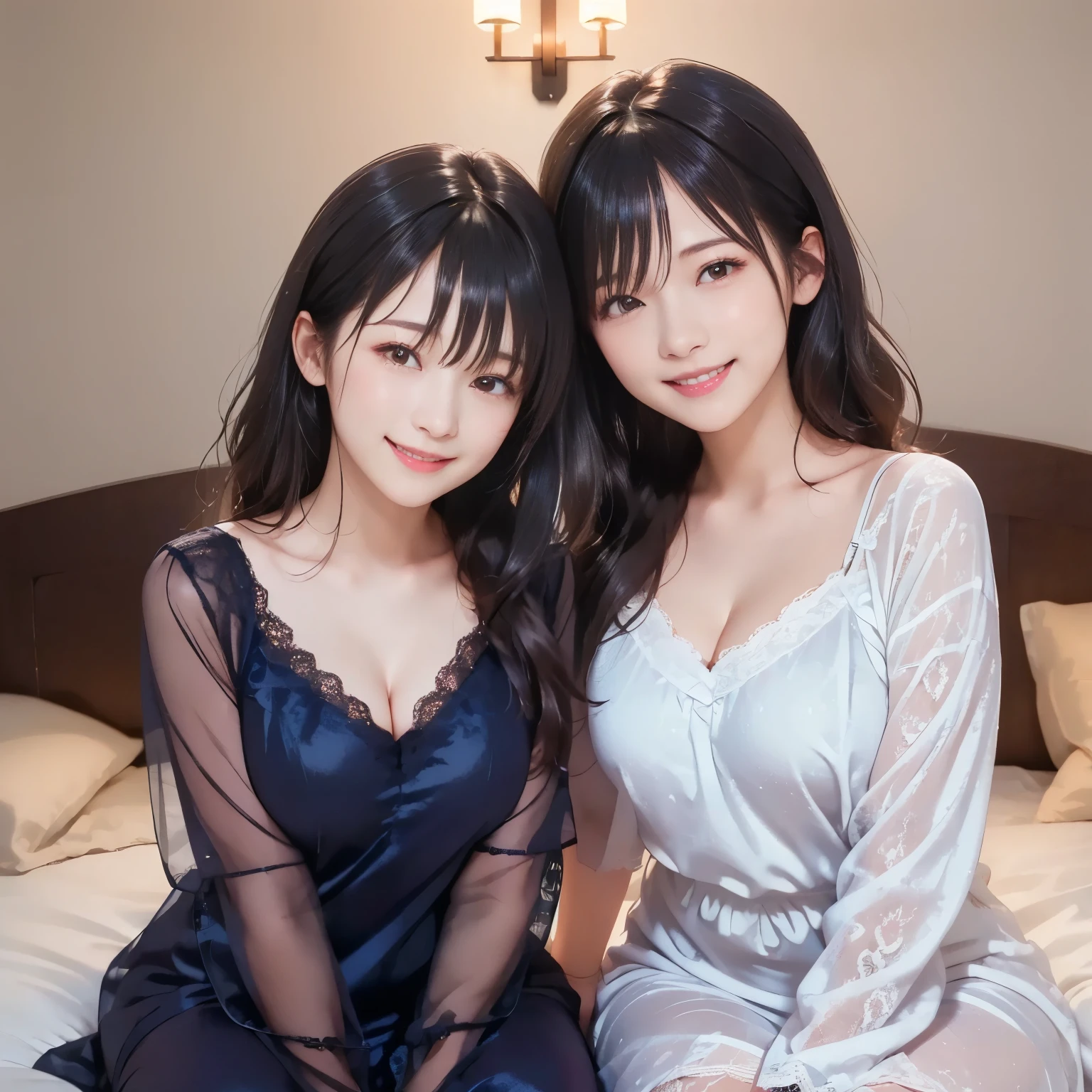 (masterpiece,best quality: 1.4),(8k,raw photo,photo realistic:1.2),shiny skin, detailed skin,detailed face,detailed eyes,Japanese idol,beautiful face,Home ,Big Bed,Beautiful girl,beautiful Japanese woman,Beautiful Like a Goddess,has a well-groomed face,(Wave Hair:1.4),(long hair:1.3),(happy smile:1.4), ( Lace Nightgown :1.3), are sitting in bed,