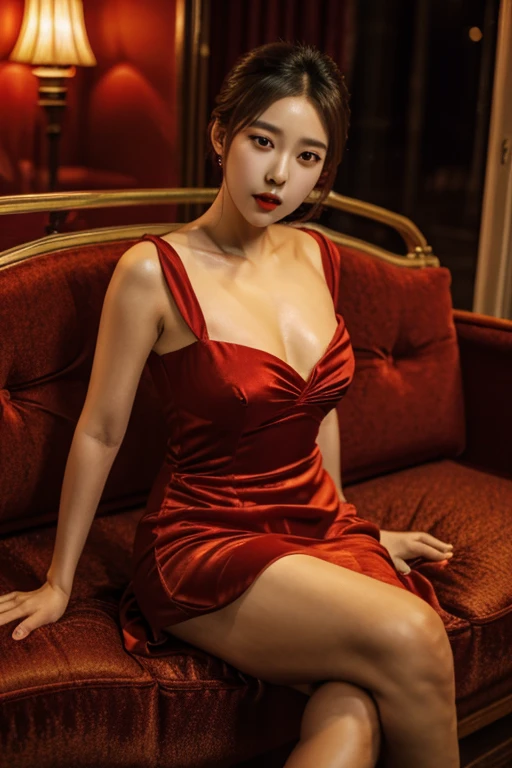 (最好的质量、8K、A masterpice:1.3) One woman in a red dress、Very beautiful、Beautie、1 persons、a blond