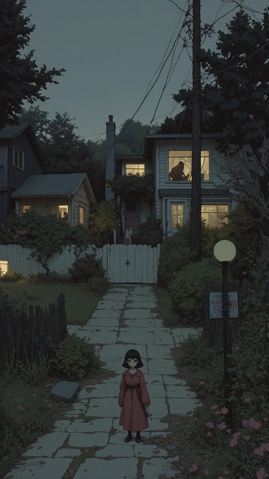 a gray image of a 5-year-old girl looking curiously out the window, at the colorless garden and a leafy tree being blown away by the wind. 4 different expressions for a children's book --auto --s2