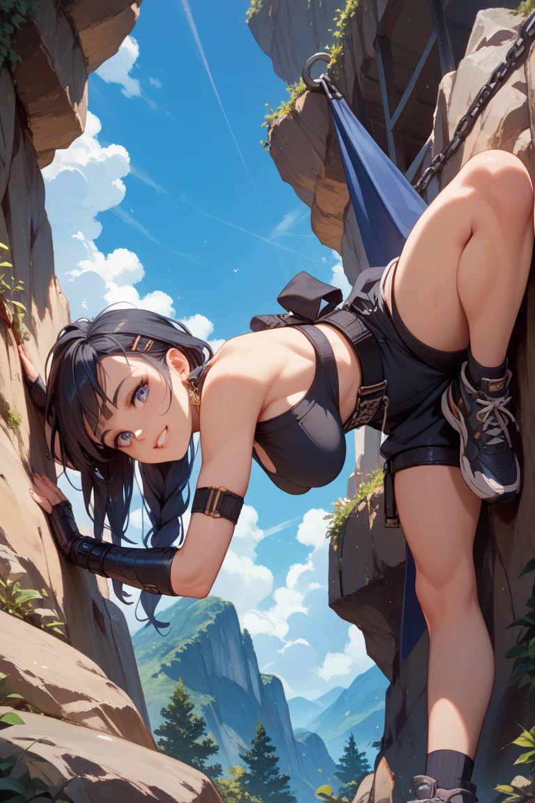 Highest quality, masterpiece, Ultra-high resolution, (Realistic:1.4), RAW Photos, Intricate details, Big beautiful eyes, Perfect contours, masterpiece, One Girl, ((Junior high school student)), Braided Bob, (aerial view:2), (perky breasts:1.5, high breasts:1.5), (curvy waist:1.5), Competitive swimmer, (one piece:1.5, turtleneck,Sleeveless swimsuit, Sandals), Clear metallic green swimsuit:1.5, tight high leg swimsuit:1.4, ((shoot from behind:2, looking away:2)), Portraiture,  ((Standing on the edge of a cliff:1.5, Hesitant to jump:1.5, Incredibly high sheer cliffs:1.5, Stand at the highest point overlooking the surrounding area, peer down the cliff:1.5)), (Anxious expression、His mouth is twitching with fear), Wet Skin, (Underarm)
