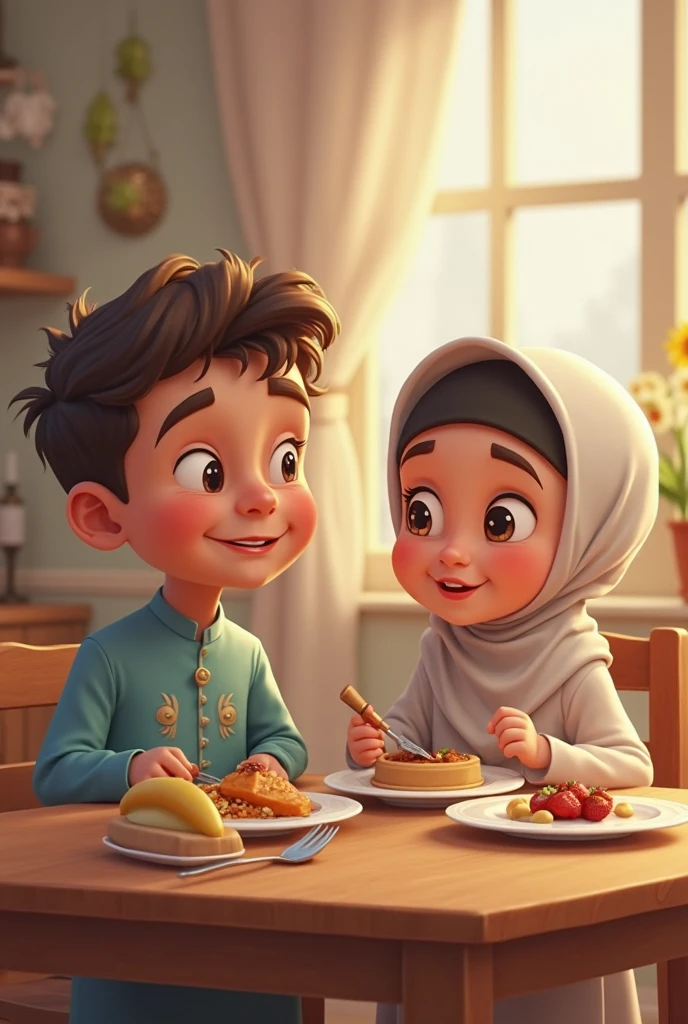 Boy with bread and girl with hijab playing online game in there house.