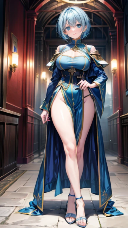 Unreal Engine 5 Realistic Rendering, Excellent, looking on camera, Donghua character, cosplayer, walking down hallway of Holy palace, beautiful face, makeup, top body is hyper realistic thicc muscular and hyper largest_breasts!! with the type of boobs_melons, lower is huge buttocks, jealous, bokeh, masterpiece, highres, 1080P, UHD, masterpiece