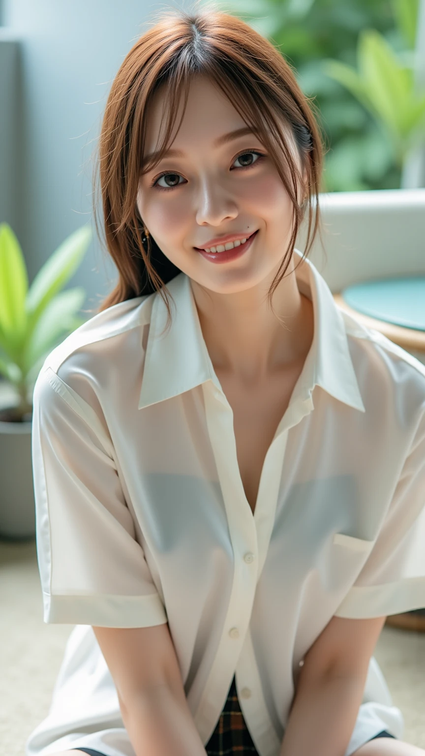 ((highest quality, 8k, table top: 1.3, RAW photo)), sharp focus: 1.2, (1 Aespa Girl :1.1), alone, (realistic, realistic: 1.37), (face focus: 1.1), cute face, highly detailed face, messy short hair, 小さなsmile, thin, (white button down shirt, skirt: 1.2), sitting office room, (show panties:1.1), from below, flowers bloom,smile、open your legs、close the thighs、