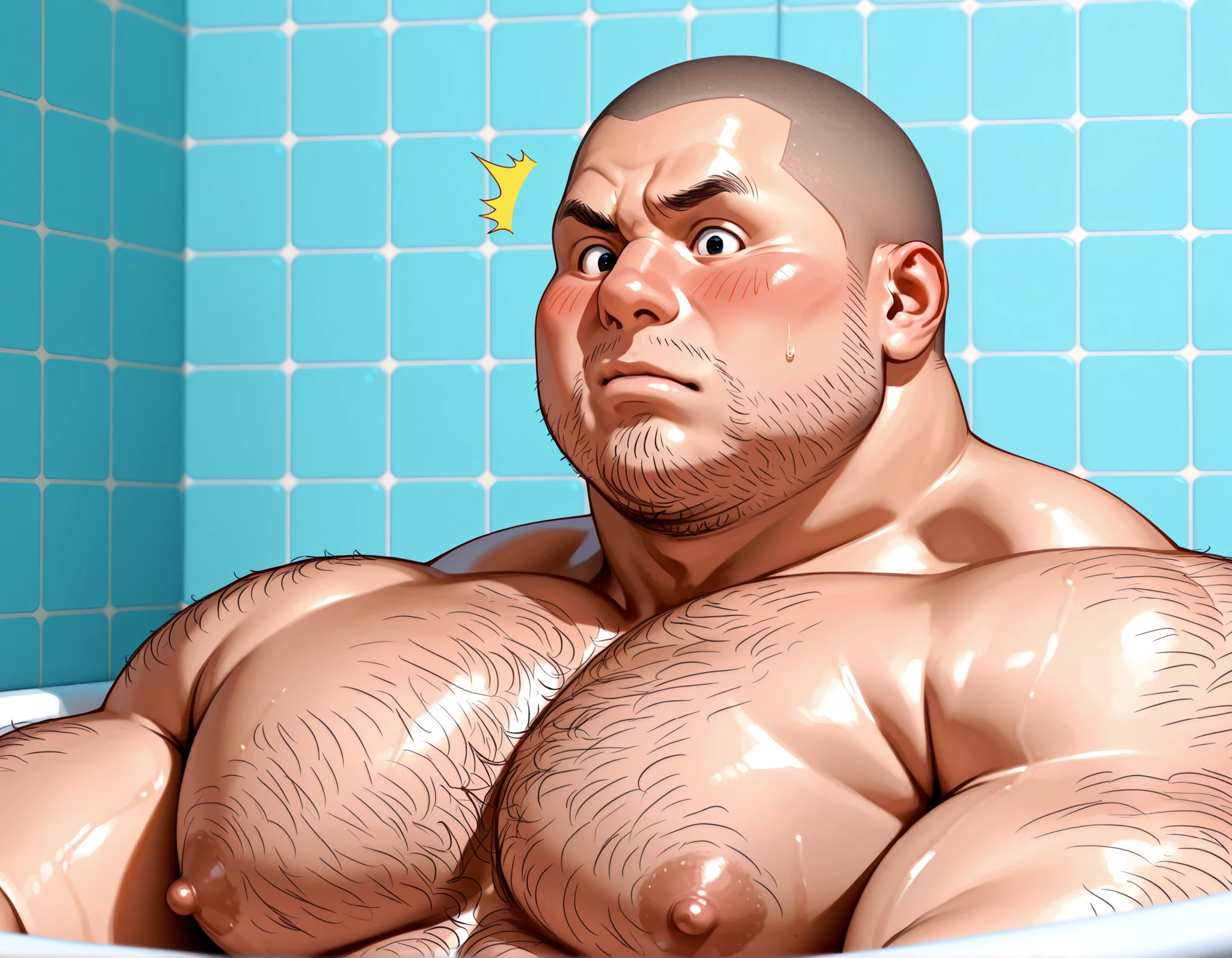 (highest quality:1.5), (masterpiece:1.5), (8K:1.5), full body, night, bathroom, (White tile wall:1:1), (Anguished expression:1.2), (Macho:1.1), Japanese, bald hair, Short Beard, Huge body, fat, Completely naked, erection, Are standing, Having sex, (shoot from above:1.2)