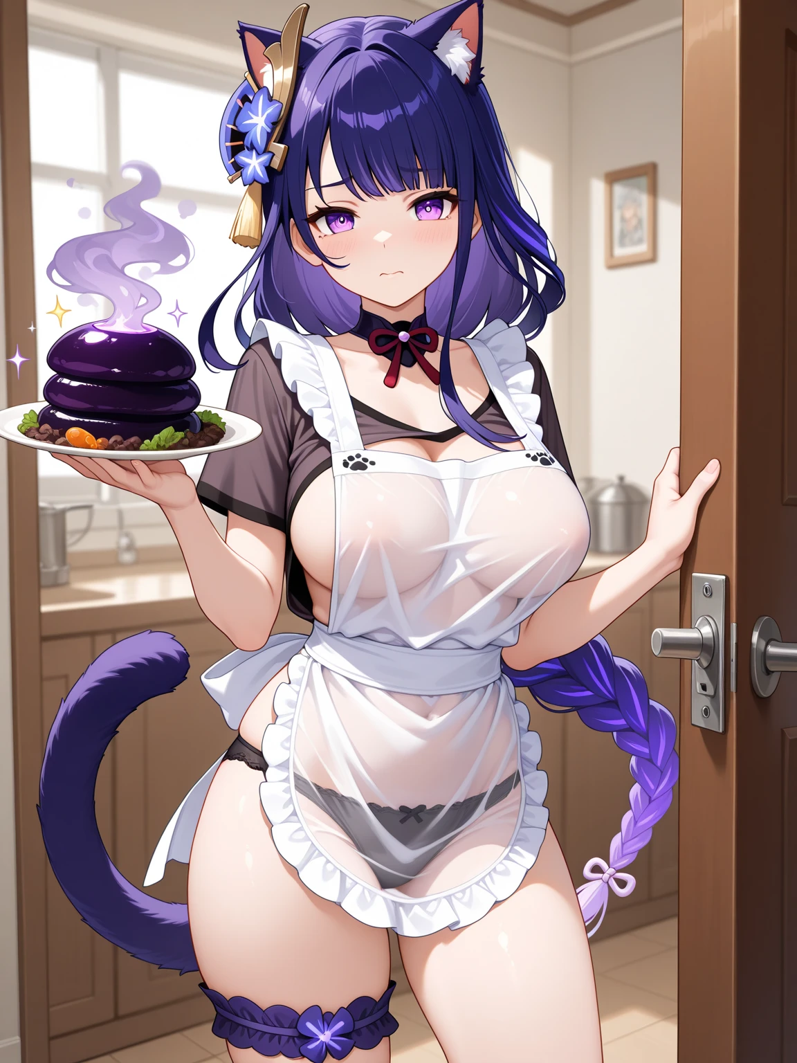 1Girl, red eyes, smile, Purple Hair, cat girl, birthday party, birthday cake, HappyBirthdayYuel text, huge breasts, cleavage, sideboob, huge butt, Purple fluffy tail, sexy, long tail, sexy dress, waruochi, japanese clothes, concept, concept dress, ribbon on the chest, "Happy Birthday Yuel" text, purple hair, purple hair, curtained hair, bangs, medium hair, fox ears, smile, anime, Wide-Angle, ray tracing, bloom, depth of field, anime style, anime, ((masterpiece)), 8K, highres, ((best quality)), super detail, award winning, anatomically correct