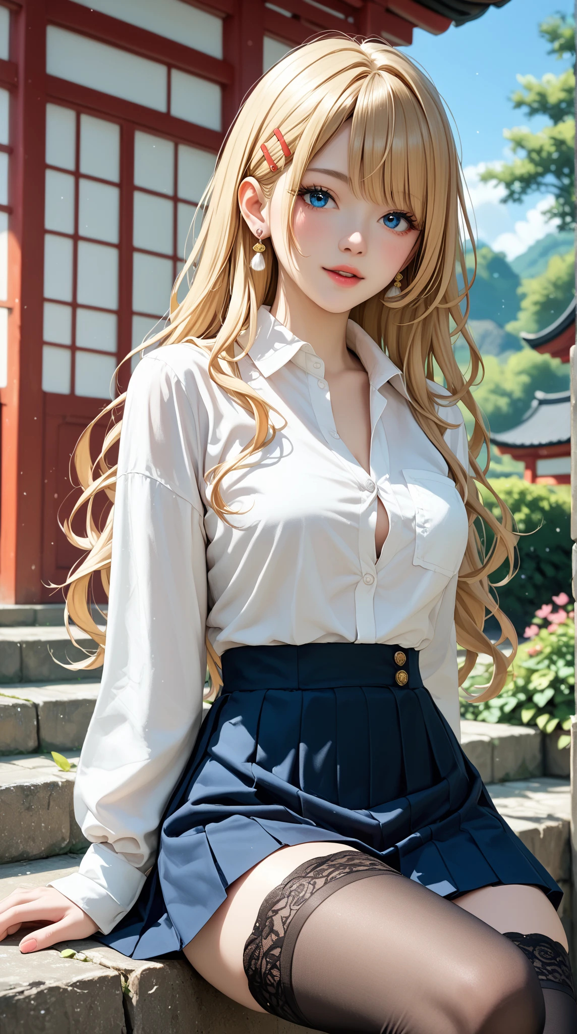 NSFW, 8k RAW photo, top-quality, masterpiece, 超A high resolution, film grains, filmg, 1girl in, looking at the viewers, natural skin textures, realistic eyes and face details, Full lips, lipsticks, (makeup), Red Eye Shadow, hair messy, A smile, closes mouth, Beautiful legs, skiny, slim_Legs, 独奏, cleavage of the breast, Pose with your buttocks facing you, Skirt please,, buttock, The shirt, Beautiful natural places, Around the position of the flower, (细致背景), plaid skirts, white shirt, cleavage of the breast, Show a little cleavage through the shirt, lowfers, blurry backround, bblurry, ngel, Plaid, shortsleeves, JK ribbon on neck, JK Ribbon, A bracelet, Eau, bangss, 校服, jewely, cparted lips, s lips, From the side, pleatedskirt, depth of fields、top-quality、masterpiece、超A high resolution、(Photorealsitic:1.4)、Raw foto、1 girl in、a blond、full body Esbian、large full breasts、Ultra exposed cleavage、erotick、Erotic look、gargantilha、二重まぶた、Loose and fluffy perm、semi long hair、student clothes、skiny