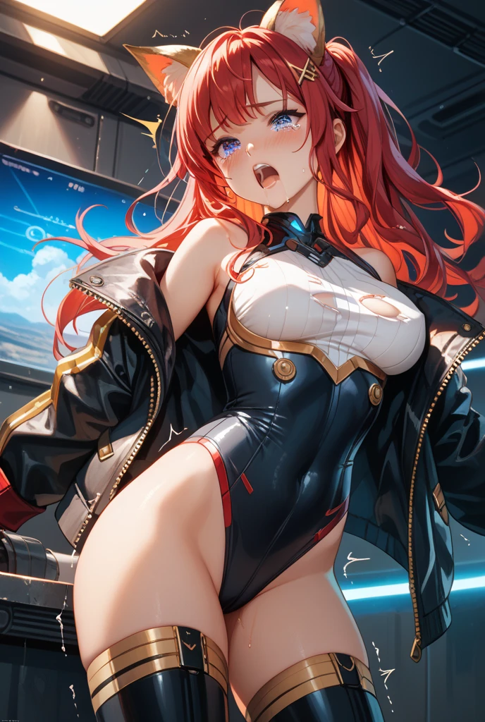 a sexy red haired warrior girl, sitting on a fur covered throne, red face, anime style, semi-naked, sexy pose, spread leg, lying, (spread --auto --s2