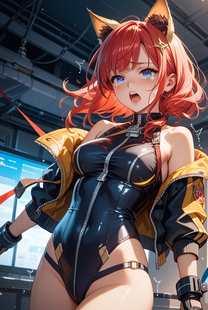 1girl, solo,underwaterbrown hair, brown eyes, parted lips, long sleeves, jacket, simple background, upper body, red background, looking at viewer, teeth, red jacket, lips, cosplay,  full body, smile，motorbike