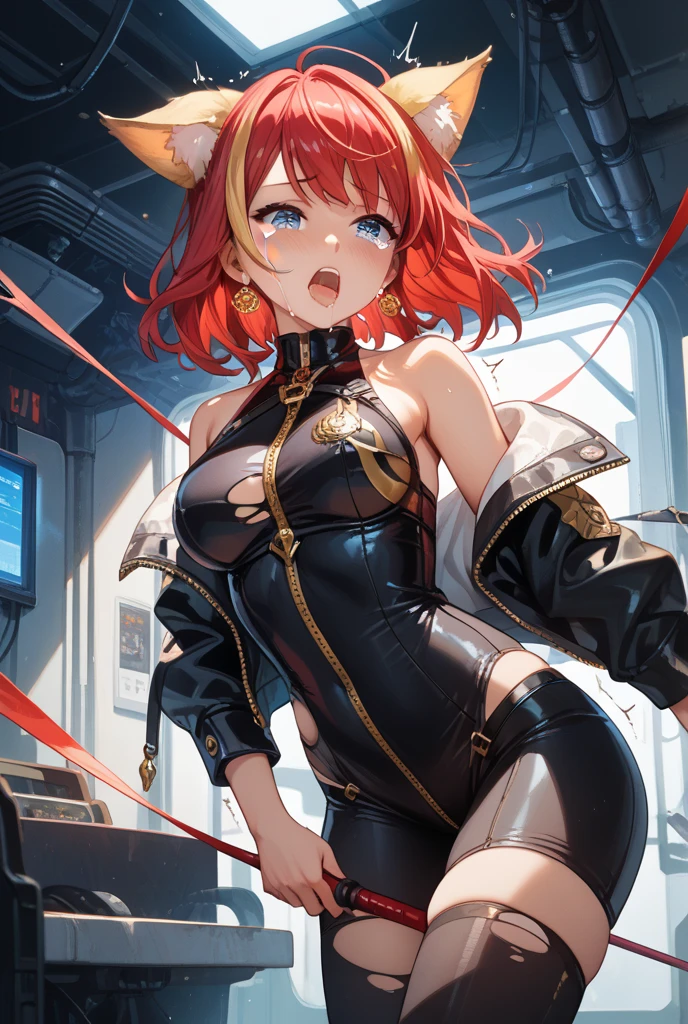 (((masterpiece)))、(((top-quality)))、((highly detailed unity 8kwall-paper))、(Illustration of one woman)、30-years old、(Viceroy)、((Red-haired shorthair))、(Thin hair hanging down both sides of the face)、Blue eyes、((Tall))、((Muscle Woman、stocky build、muscular legs、broad shoulders、solid chest))、(((white military uniform)))、trench coat、((Inside the spaceship))