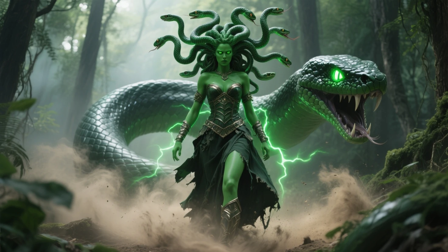 <lora:gorgon:0.7> gorgon, green skin, nsfw, snake eyes, angry face,
(masterpiece),  best quality, highres, 4k, 8k, Detailed Illustration, intricate detail, cinematic lighting, amazing quality, amazing shading, soft lighting