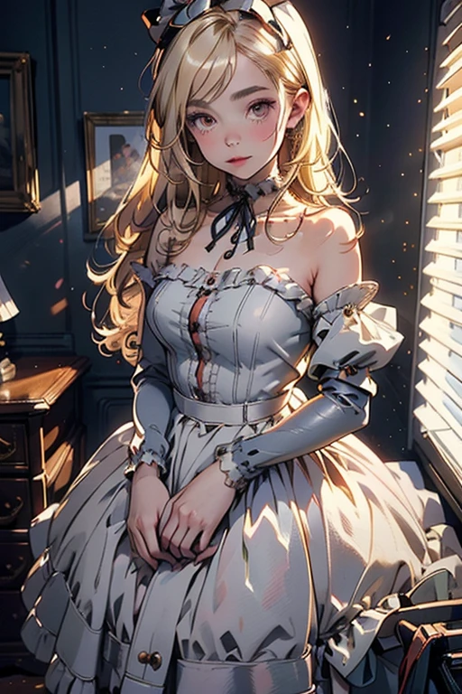 ((Sketch)), ((Watercolor)),((best quality)) ((best quality)), ((masterpiece)), (detailed), HD, Highly Detailed, 4k image, anime style, beautiful young teenage girl, 13 years old, pearly white skin, Blonde braided ponytail hair, adorable and cute  features, golden-brown colored eyes, White Japanese Maid Uniform, Black sheer stockings plump thick lips, small minimal A-cup , tall height(180cm), small narrow waist, wide  , plump large round , full body picture
