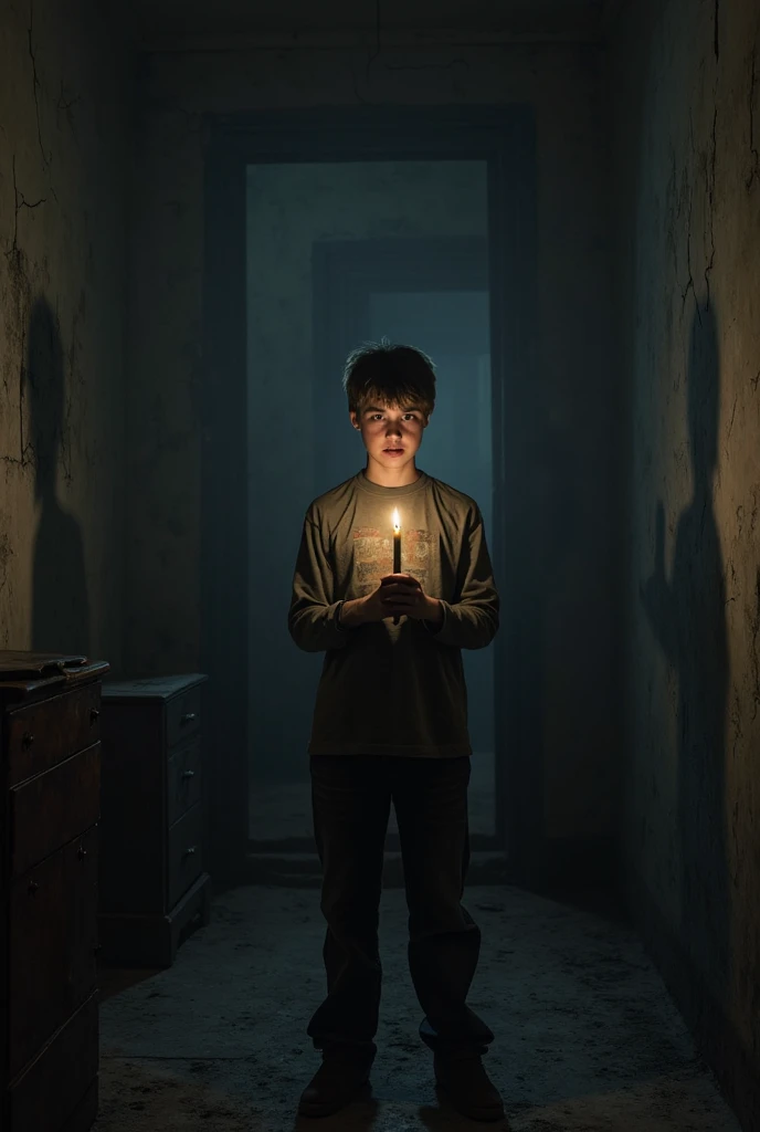 A dark room with a red light, in the middle a boy sitting looking towards the camera, In front of him a table with an open bible and behind him the darkness of the room, but with two bright spots behind it resembling eyes, let the darkness be noticed, and the boy is a little far away so that it is not clear if it is a drawing or a real person, try to make it as real as possible