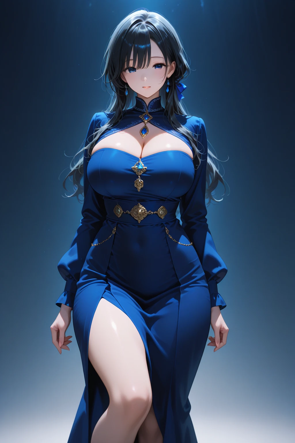 Best quality, masterpiece, ultra high res, raw photo, beautiful and aesthetic, deep shadow, fairy theme,(ultra detailed:1.3),
1girl, sexy pose, headdress, (beautiful face, detailed eye:1.2), embarrassed, drill hair, long hair, blonde hair, gradient hair, yellow eyes, solo, (busty breasts, gigantic breasts:1.1), big hair, blue hair, divine goddess, looking at viewer, indoors, royal palace, luxurious bedroom, canopy bed, candlelight, room full of curtain, astraea, full body, MTkym-KJ, neck cover, black dress, black veil, necklace, nun, habit , long sleeves , long dress