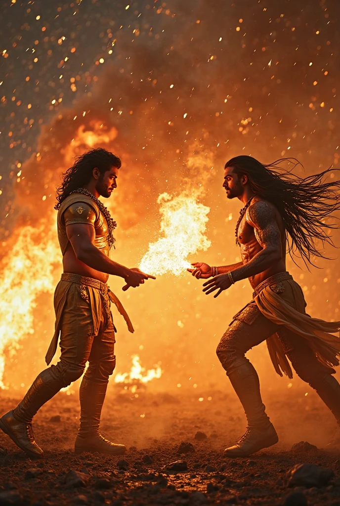 Make a tall old man with white and red hair ,In white medieval clothing, fighting against a tall 25-year-old man , with black fire fists , hot hair 