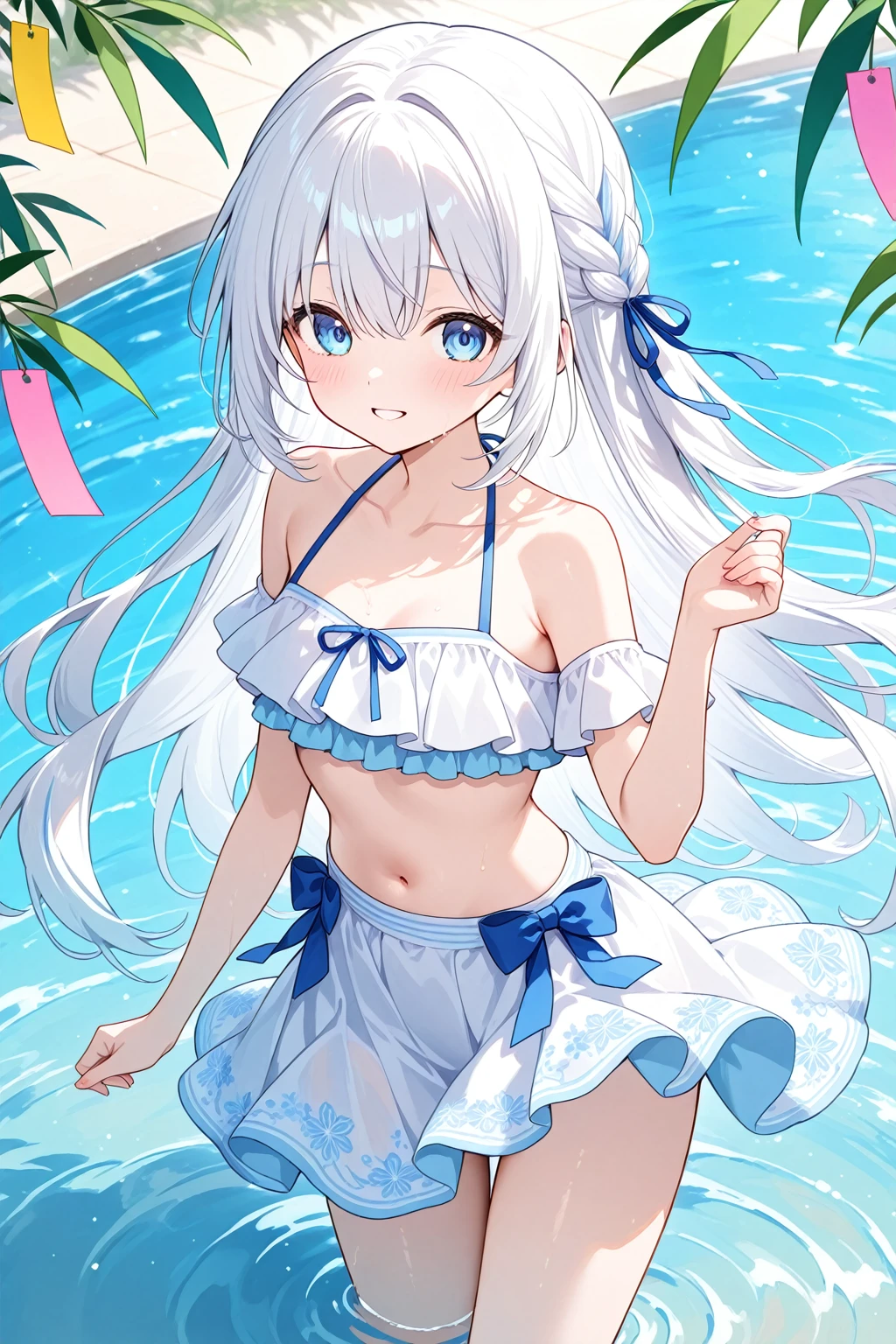 (masterpiece)、(highest quality)、((Super detailed))、(super delicate)、Idol in naughty swimsuit、Pastel colors hair、beautiful breasts、Beautiful butt、Gorgeous、Fantastic forest fountain、Wet and see-through