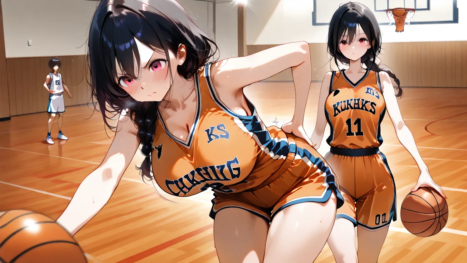 mastute piece,Best Quality,insanely detailed,8k cg,nsfw,
(2girls,line up in a row,show sideboob,side by side,(same orange basketball uniform,no bra,no panties),blush,shy,ecstasy face,gasping,trembling,pink hair,perfect breasts,perfect nipples,open mouth),
indoor playground,