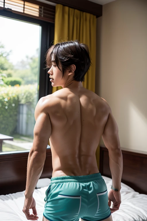 Handsome Japanese man、Luxury hotel bed、Back view、Butt、Long legs、Half face looking at camera、smile、Completely naked