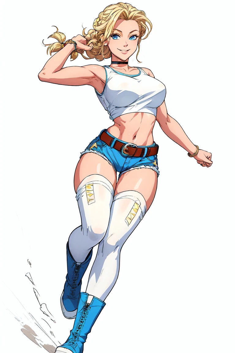 Masterpiece, best quality, Masterpiece, best quality, 1 woman , blue eyes , Yellow ponytail , Pink Chest Island , sly face , smile , Jean Shorts , abdomen, big breasts , Long legs , pink high heels , hands on hips , tall building , building