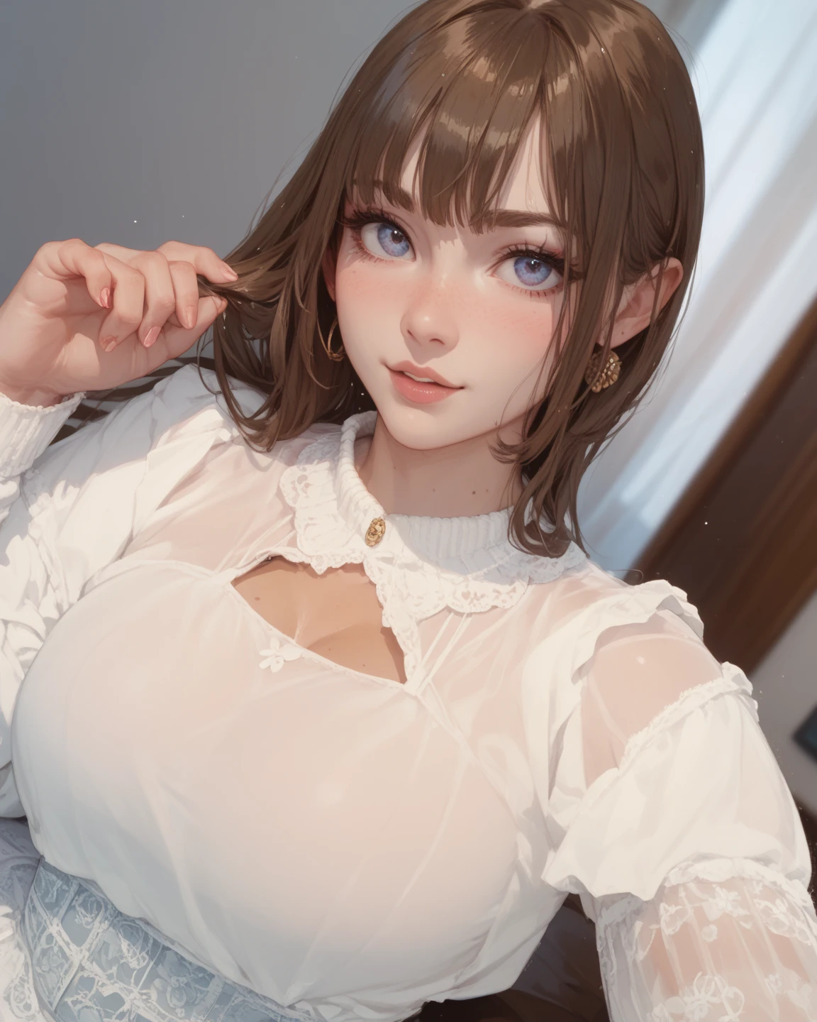 DETAILED, DENSE, MASTERPIECE, one girl, beautiful, wearing white cardigan, one girl lying on bed with blanket, brown hair, 22 years old, smooth skin, glowing skin, glowing hair, clear eyes, glowing eyes, brown eyes, soft lips, pale pink lips, (viewer Looking down: 0. 8) smiling slightly, cheeks stained, shy, mouth open, bangs, white sleeves, white clothing, one girl, soft skin, large breasts, glowing skin, cinematic lighting, rich lighting, room lighting, simple gold necklace, diamond necklace, white Lace bra, white lace panties, white lace underwear, high angle, low angle, (Masterpiece: 1.0), (Realistic: 1.6), (Soft Focus: 1.5)