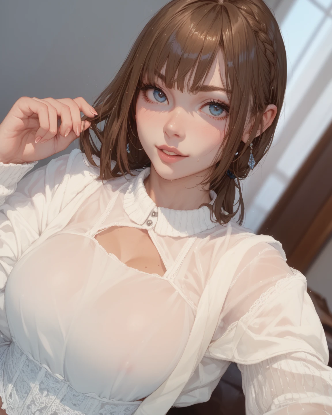 Very detailed, beautiful, highest quality, Professionally taken photos, Like a poster, detailed beautiful round eyes, beautiful detailed face, Whole Body Ezbian, Medium Long Hair, Casual Hairstyles, (Random color hair, Golden mesh), Big eyes, Random color eyes, Long eyelashes, Thick mascara, Dark eyeliner, (Huge breasts), (Bust about to burst:1.4), Wide selection, Thick waist), (Wide Hips:1.4, Toned thighs, Body Curves), 40 years old, woman, (White tight dress, white), Perfect Face, Perfect body, Sexy pose, (A shy smile), Random Location, nature, (alone), The light on my face,
