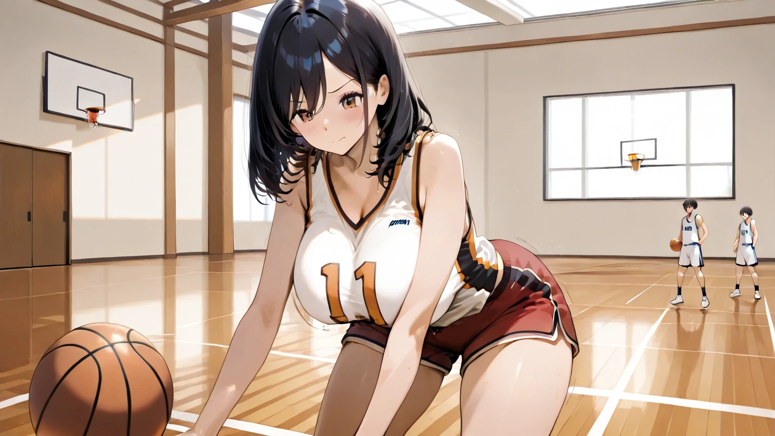 (highest quality, masterpiece:), ultra-high resolution, night, in the gym stadium, Korean gravure model, 24 years old, tight, wearing a white color sport uniform, high leg, gigantic breasts, puffy nipple:1.4, skinny, bangs, long hair, light brown hair, choppy hair, unkempt hair:1.2, gorgeous earrings, beauty, embarrassed, blush:1.3, mature woman, please face forward and look at the camera, inside volley ball field,