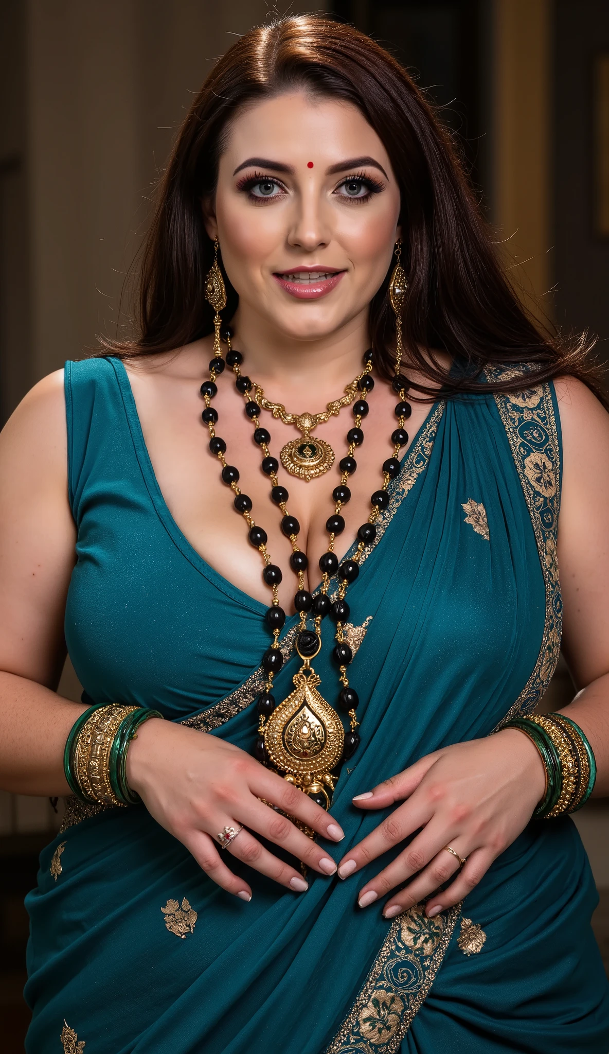 A naughty, voluptuous and curvaceous light neutral skin tone woman in completely sweaty brunette mix with brown hairs, in a traditional attire, wearing a deep blue and White messed up elegant saree,sleeveless blue low cut neckblouse piece and intricate jewelry glass green bangles and a red small bindi between her eyebrow's lady wearing a thin an long necklace is made of gold and has a long chain with black and gold beads. The beads are arranged in a repeating pattern, with the largest bead at the bottom and the smallest at the top. In the center of the necklace, there is a pendant with a design in the shape of a queen of spade symbol, The pendant is attached to the chain with a gold clasp. The overall style of the jewelry is traditional standing ans looking at the viewer , UHD, retina, masterpiece, accurate, anatomically correct, textured skin, super detail, high details, high quality