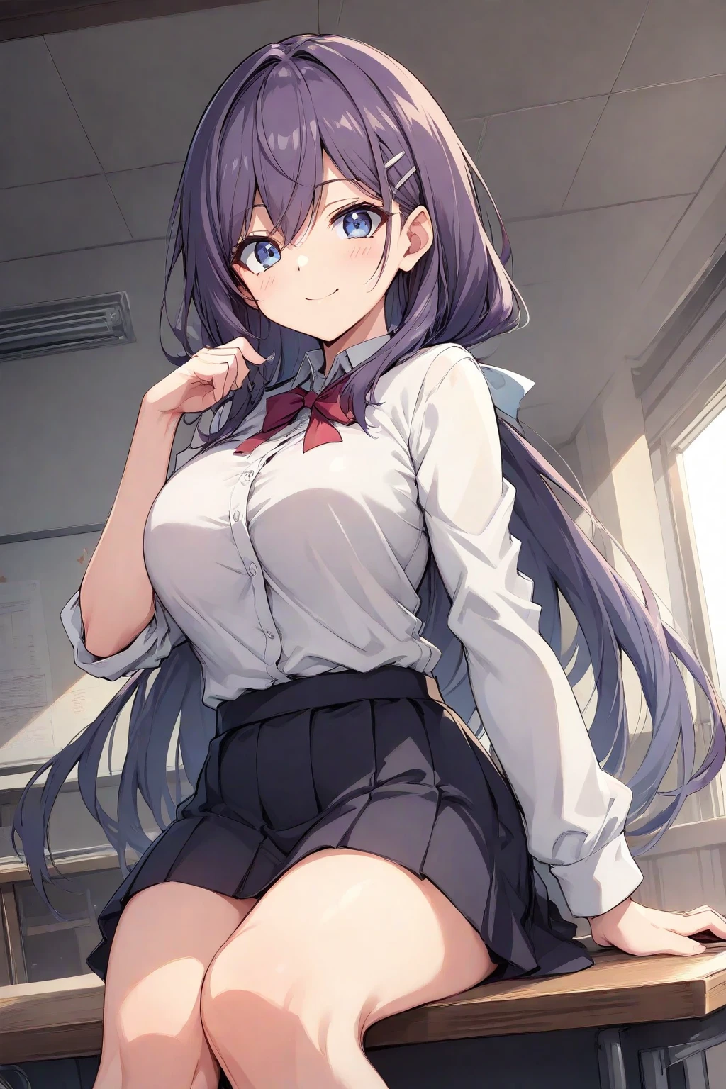 ((best quality)), ((masterpiece)), (detailed), 1girl, ecchi, long purple hair, mini skirt, red eyes, sideboob