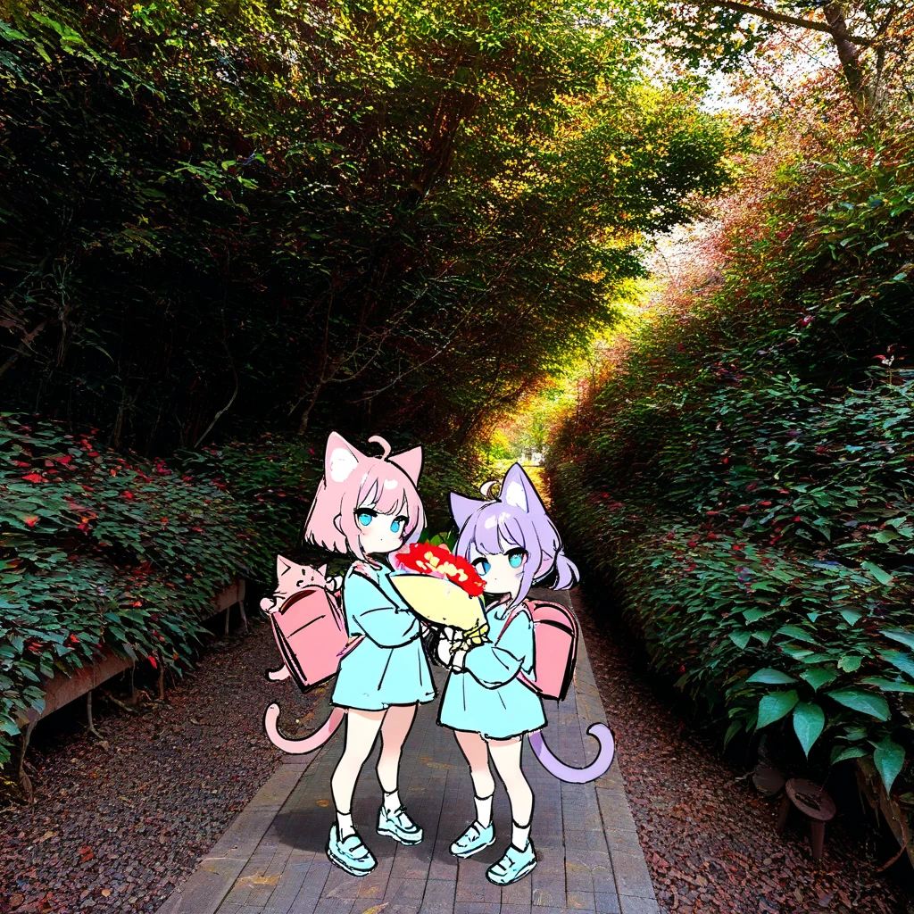 A picturesque 3D render of a sunny beach on a warm summer day, showcasing the perfect setting for relaxation and joy. Two adorable anime girls are seen in the foreground, one in a short skirt and the other in a 2-piece nightgown. Both have cute hair clips and are enjoying the serene atmosphere. The sign "VICTORIA VR" is visible in the background, indicating a virtual reality experience. The light white sunny morning is captured with a wide viewing angle, allowing the viewer to fully immerse themselves in the tranquil and beautiful scene., anime, 3d render, photo