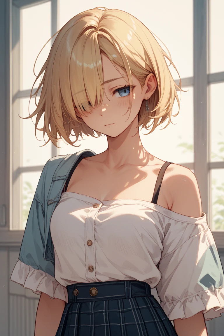 best quality,masterpiece,shiny blonde,blue eyes,white clothes, look down on, upper body,hair strand,Fair skin,short bob,wet through,french braid,blushing and red,blunt bangs,hoop earrings,gladient hair,left sideburn is longer than right one