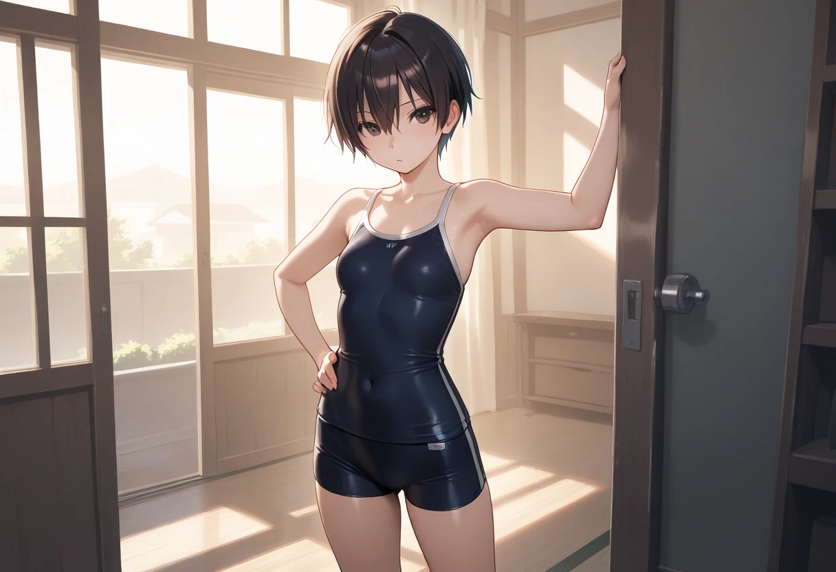 Ten_years_old girl, high cut leotard, standing, fullbody, front pose, Bob cut leotard, platform heels,
