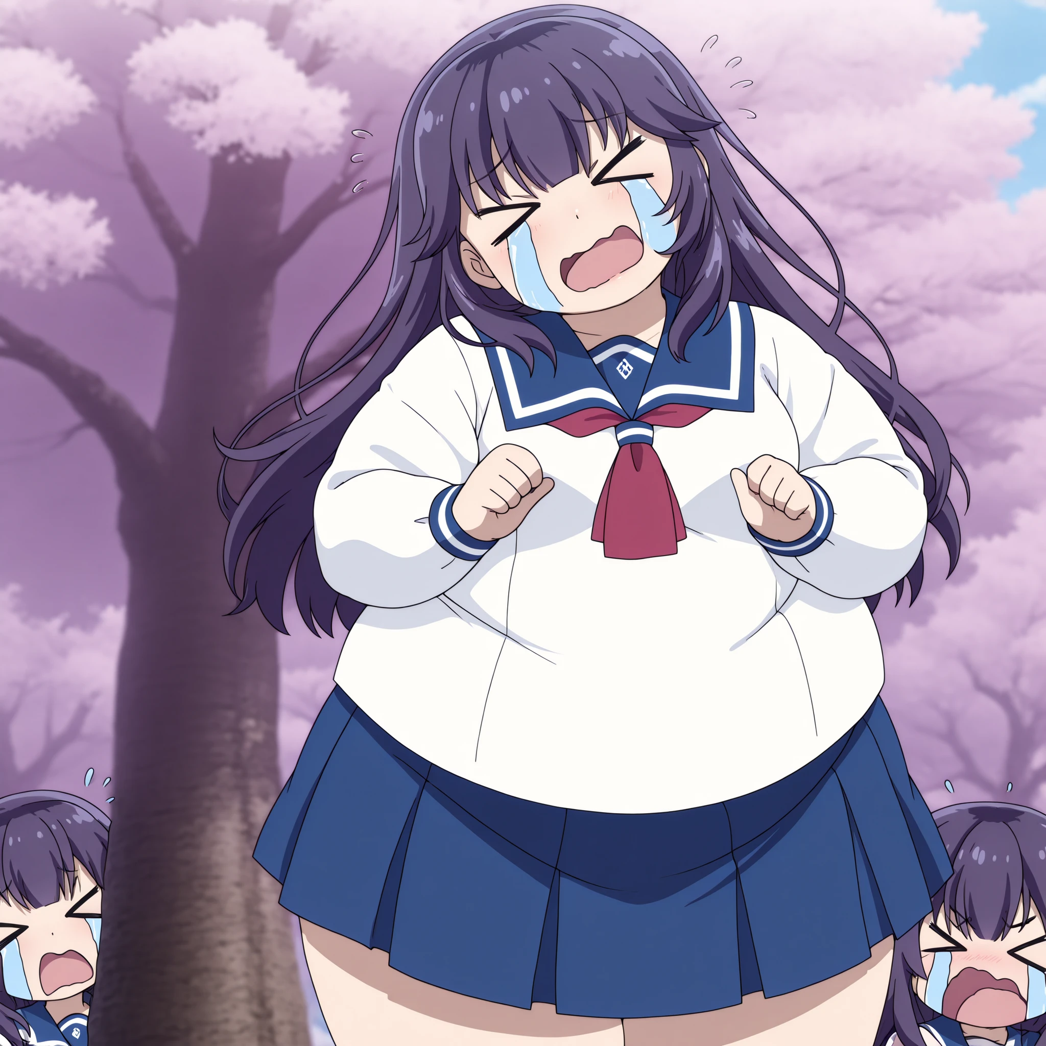 masterpiece, best quality, amazing quality, highres, absurdres, very aesthetic, high resolution, ultra detailed, perfect details, 1girl, solo, outdoors, cherry blossoms, medium breasts, homura chika, long hair, purple hair, closed eyes, serafuku, long sleeves, blue sleeve ends, blue sailor collar, red neckerchief, blue skirt, pleated skirt, white kneehighs, loafers, (aged down:1.5), (anime coloring:1.5), (anime screencap:1.5), streaming tears, seductive smile, open mouth, (> <:2), (head tilt:1.5), (flying sweatdrops:1.5) fat, chubby, obese, gigantic arms and legs, large breasts open mouth, out of breath
