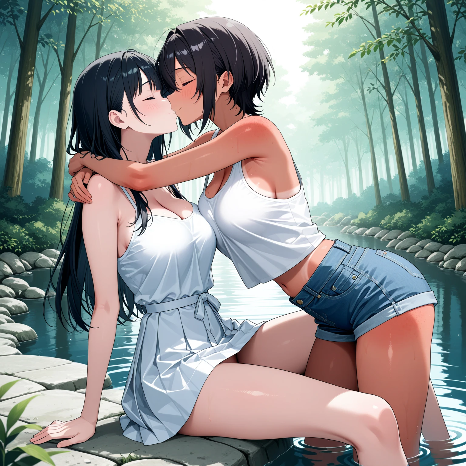 2meninas beijando, melhor qualidade, obra-prima, Ultra high resolution, NSFW, coxas finas, cintura fina, peitos pequenos, todas nuas, mostrando tudo, lesbian, lesbian scene, hot, pose sexy no chuveiro, agua escorrendo pelos corpos, juntas, sexy hug