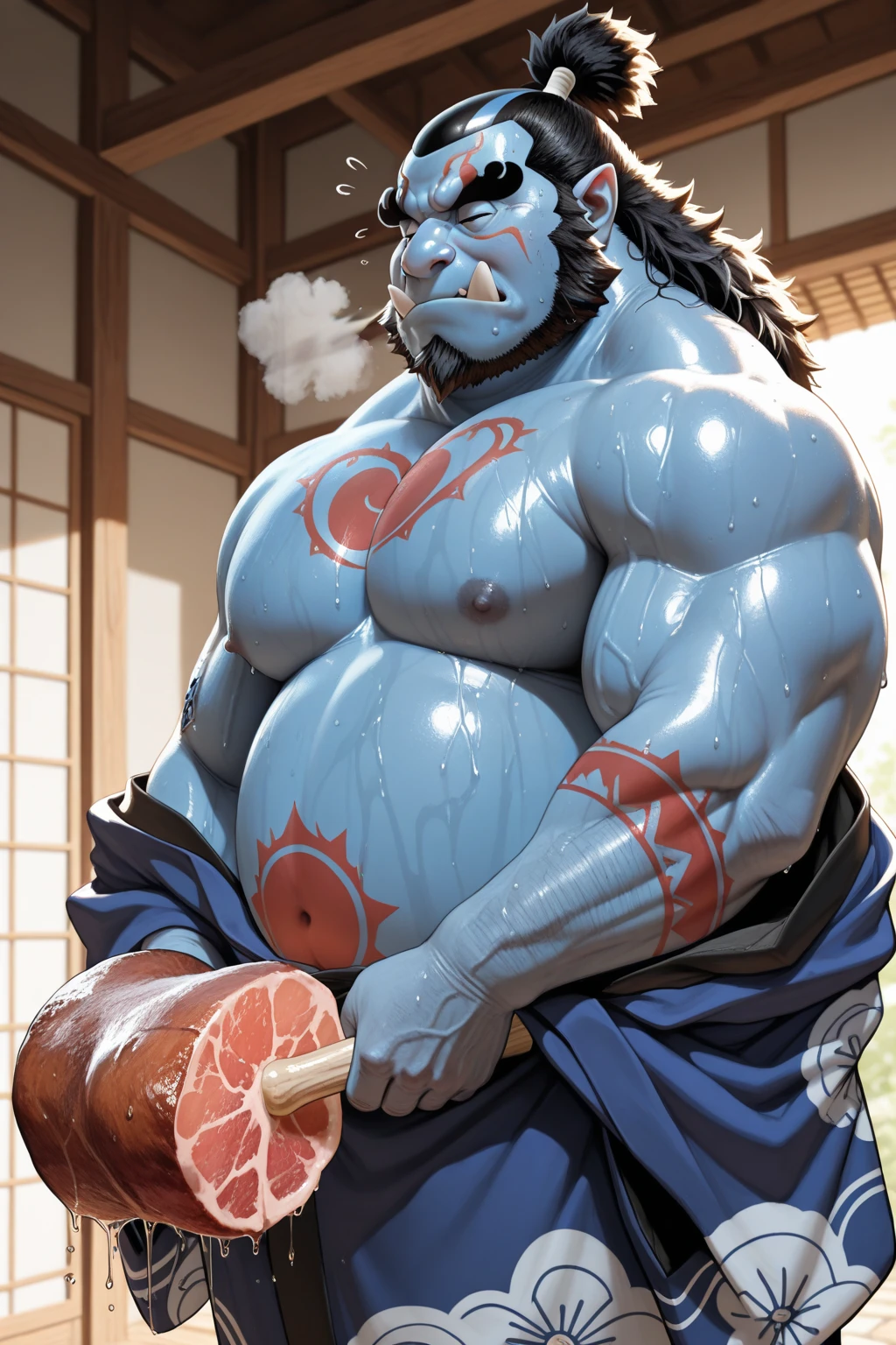 a mammoth, 3D Disney Pixar style, sitting eating sushi