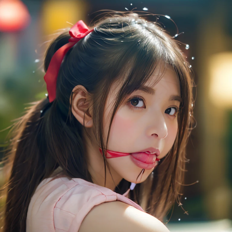 I, of_student, +_+, Black_hair, 高of_ponytail, Red_flower_hair_decoration, masterpiece, Best of quality, Super detailed, illustration, Unique, 1 girl,ball gagged