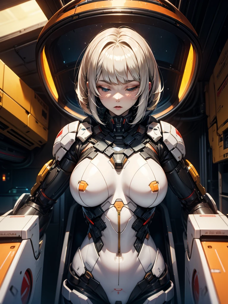 Beautiful cybernetic girl looking at camera underwear detailed muscles realistic masterpiece,Active Pose、action pose、LED Light、Gold Parts、bangs、Short Hair、white haired