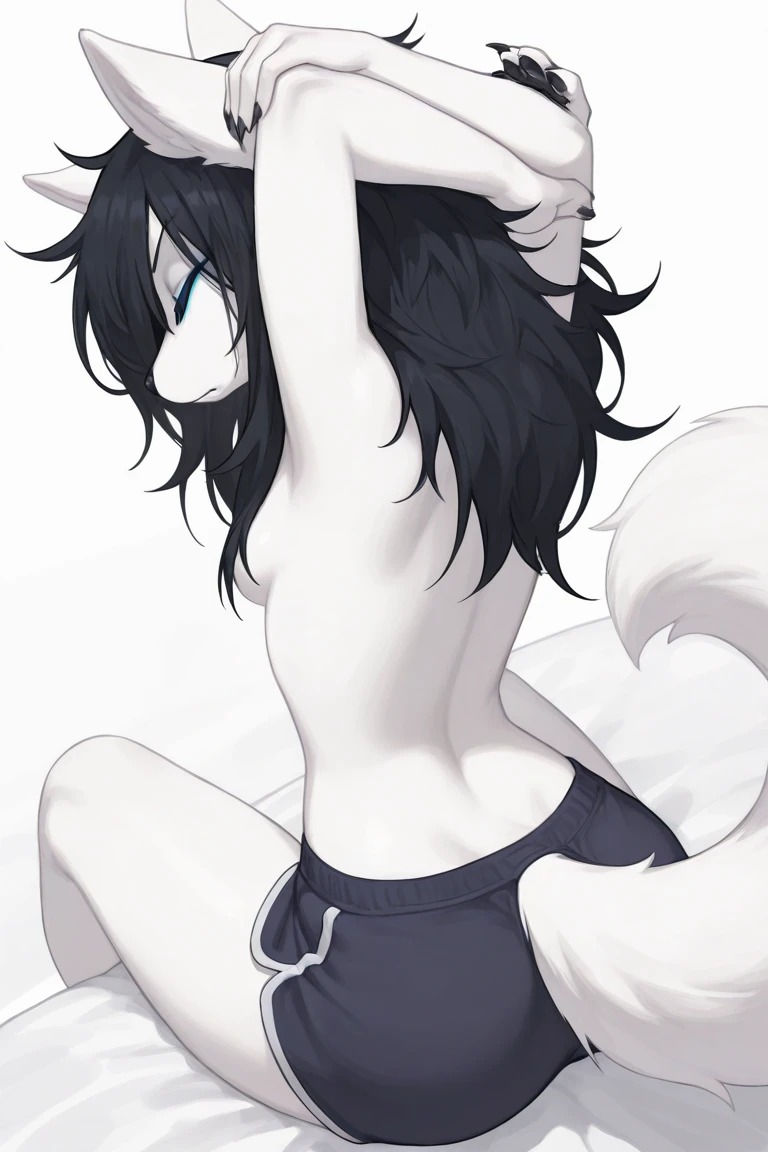 Solo, score_9,score_8_up,score_7_up, kemono style, a young nerdy Anthro furry wolf woman, wolf snout, white furry body, tall skinny body, long black messy hair, black hair, hair in a pony tail, hair covering one eye, white wolf tail, blue eyes, white wolf ears, white wolf tail, small breasts, naked, feet paws, 4 toes, black toe claws, plantigrade, pouting, side view, squatting