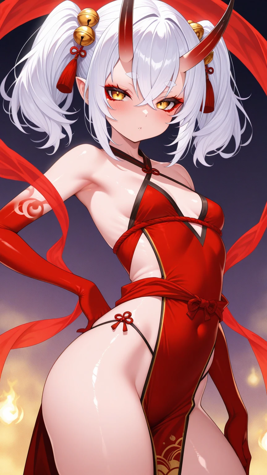 super high quality, (8k, RAW photo, realistic), detailed and delicate depiction and flashy and dynamic painting method, white messy medium ponytail, very beautiful woman, annoying sexy expressions, shining blue big eyes, medium breasts, ass, slender, one hand grabbing_own_breast and one hand grabbing_own_between legs, red big thick lips, wearing red micro thong bikini, background colorful wall, iridescent, professional flare lighting
