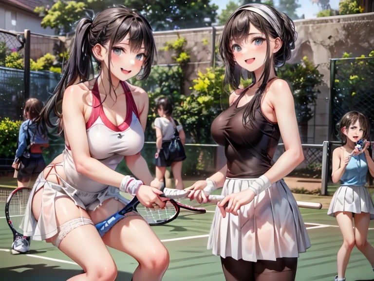 best quality,ultra-detailed,high resolution,extremely detailed CG,perfect anatomy,detailed,cinematic lighting,beautiful detailed eyes,ultra high res,(2girls:1.5),18years old,gleaming skin,oil skin,sweat,humid,trembling,strong light coming in,spot lighting,bright,revealing,nose blush,nsfw,(slut:1.2),(steam:1.2),(wet:0.8),(trembling:0.8),(drooling:0.6),(sweat:0.8),(nsfw:1.2),(Tennis uniform:1.2),(Young:1.2),Japanese,(Tennis court:1.2),large breasts,(Random Hairstyles:1.2),(full body:1.2),skirt,(Sheer tops:1.5),(lure:1.9),(Lesbian:1.9),(Taunt:1.9),(evening:1.3),Beautiful Face