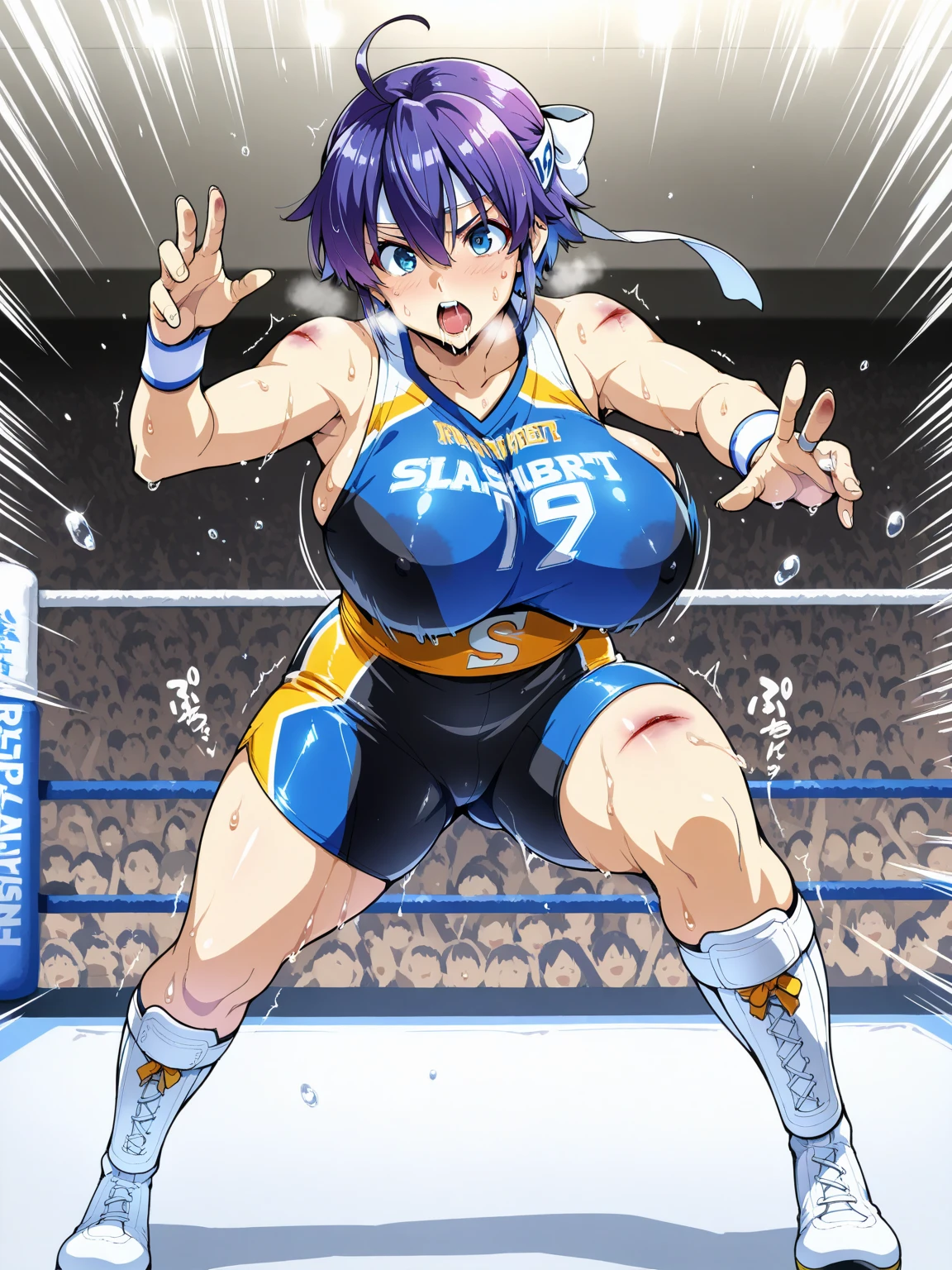 Masterpiece、Highest quality、Full Color、Photorealistic、とても分厚い筋肉女子wrestling、Dynamic Pose、leotard、Dazzling Light、wrestling、An enthusiastic crowd watches、Two very thick muscle girls in sheer latex wrestling outfits slap each other in squatting position、very macho、Sweaty and intense orgasm face、Sweaty, intense orgasmic spasms、Composition from below、