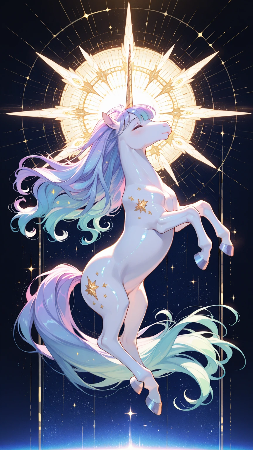 {-erro_de_anatomia:1.0} There is a white unicorn girl, blue mane and long mane, white unicorn, unicorn, unicorn horns, A unicorn, celestia, Nine stories, blue unicorn, soft dreamy, cinematic light《fangs》Unicorn in, mythological creatures, a mythical creature, Pokémon illustration, unicorns, a glaceon princess, white dress, opal eyes. Auroracore, ghostly iridescent, image good for rendering, sitting on the water. unicorn girl, full body, holding a crystal unicorn, backwards, looking back