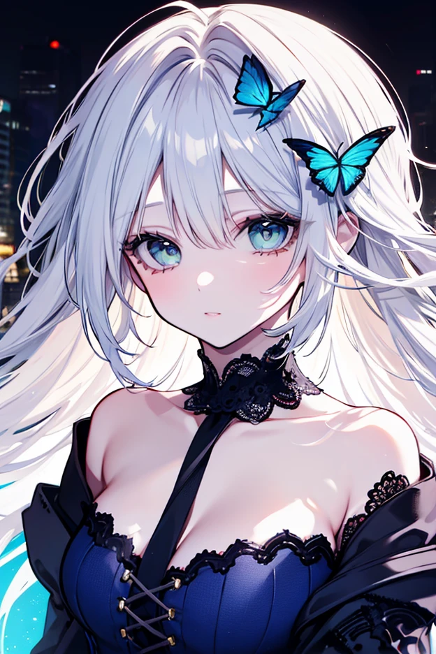 (masterpiece, top quality, best quality, official art, beautiful and aesthetic:1.2),cover art, sleek,dark,highly detailed,Dynamic Angle,Dynamic posture, high gloss,extremely beautiful skin,natural skin texture,(Milky skin:1.2),(shiny skin:1.4),1gir,solo, (dark black and light magenta butterflies:1.2), lace transparent dresses, Depth of field,blurred background,dark forest background,