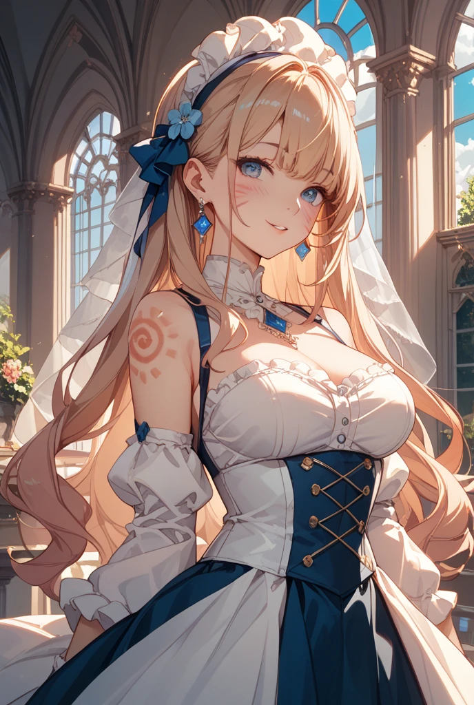 ((masterpiece, best quality, highest quality, ultra-detailed, 32K cg wallpaper, high resolution)),1 woman,golden hair,light blue eye,very long ponytail hair,center parted bangs,huge breasts,smile,parted lips,french maid,standing,from left in front,bed side,
