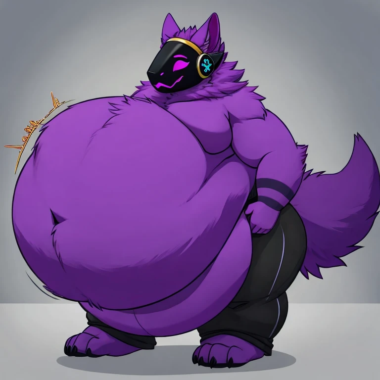 Malamute, female, huge breasts, huge hips, huge thighs, long hair, huge belly,fat arms, fat legs, belly rolls, fat rolls,double chin, chubby cheeks, black body, blue highlights, dark blue hair,rolled up tail, black tank top, black shorts